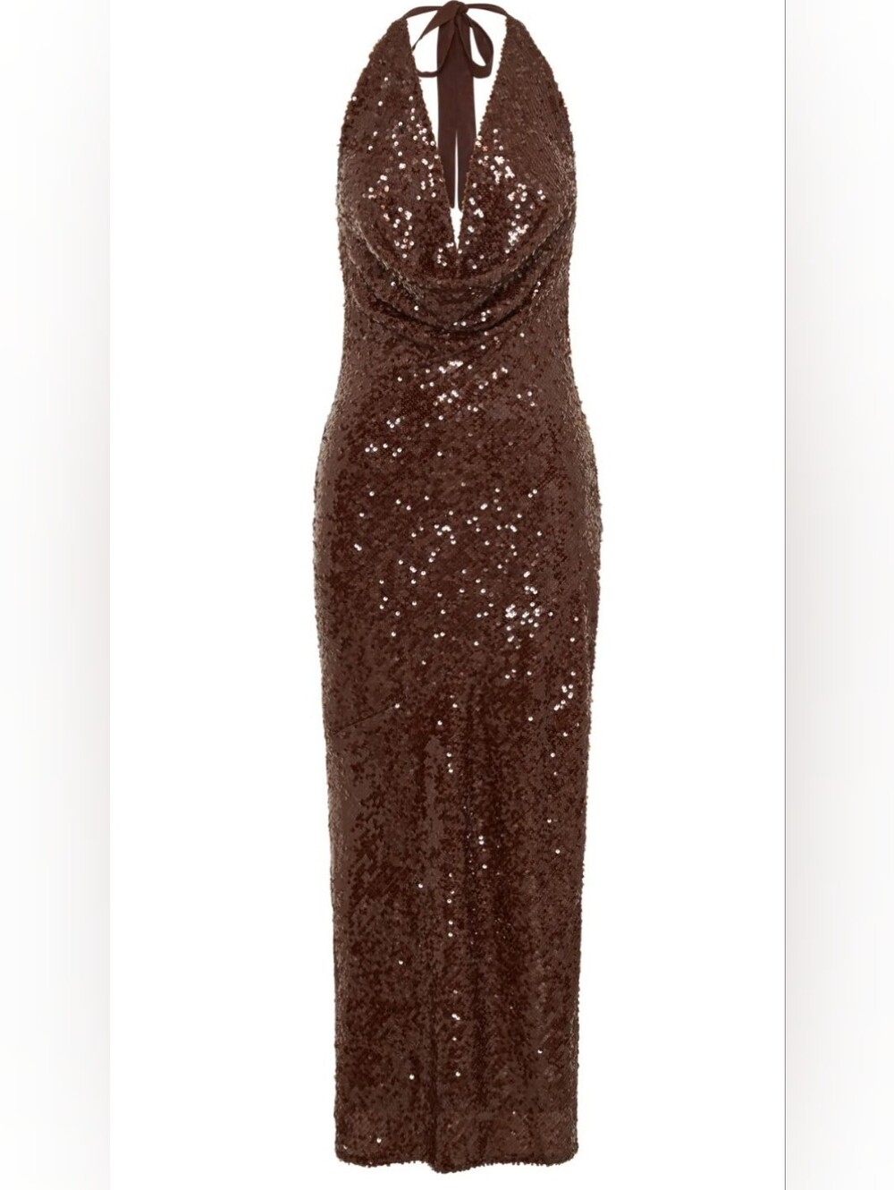 Meshki Chocolate Sequin Halter Maxi Dress
